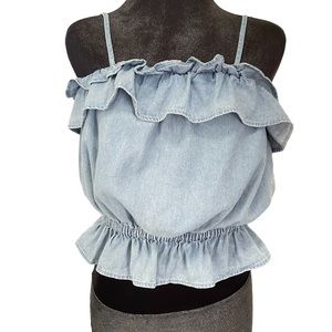 American Eagle RUFFLE BUBBLE CROP Denim Blouse Size L
